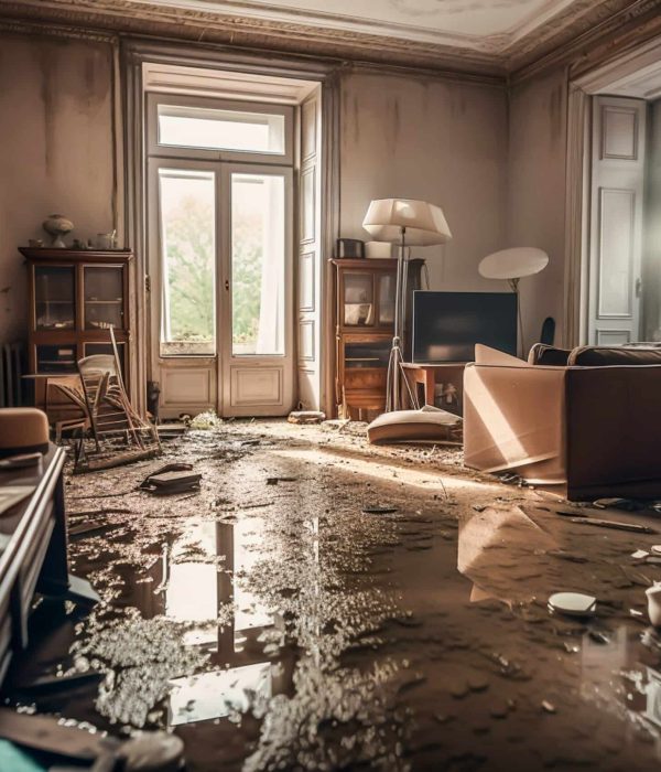 Interior of home damaged by a flood water full of goods, generat